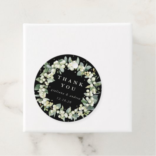 Elegant Zwart Snowberry + Eucalyptus krans bruilof Bedankjes Labels (In situ)