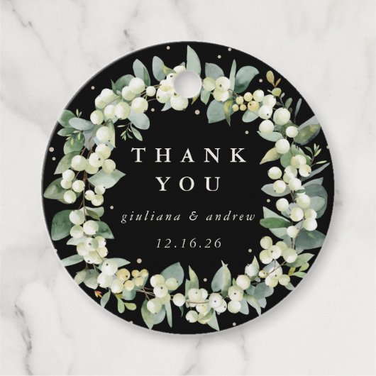 Elegant Zwart Snowberry + Eucalyptus krans bruilof Bedankjes Labels (Voorkant)