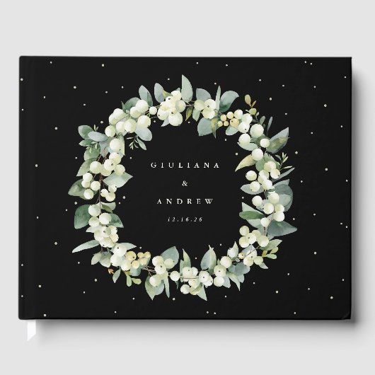 Elegant Zwart Snowberry + Eucalyptus krans bruilof Gastenboek (Voorkant)