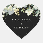 Elegant Zwart Snowberry + Eucalyptus krans bruilof Hart Sticker (Voorkant)