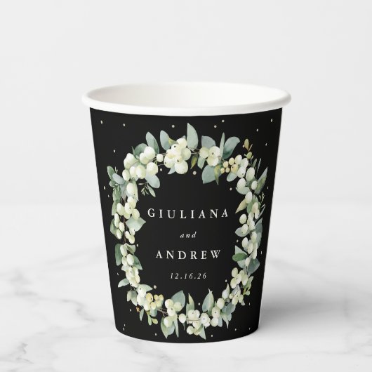 Elegant Zwart Snowberry + Eucalyptus krans bruilof Papieren Bekers (Achterkant)