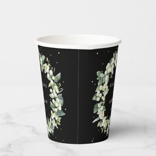 Elegant Zwart Snowberry + Eucalyptus krans bruilof Papieren Bekers (Rechts)