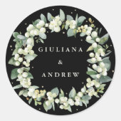Elegant Zwart Snowberry + Eucalyptus krans bruilof Ronde Sticker (Voorkant)