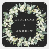 Elegant Zwart Snowberry + Eucalyptus krans bruilof Vierkante Sticker (Voorkant)