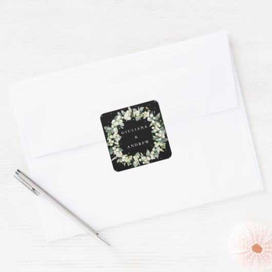 Elegant Zwart Snowberry + Eucalyptus krans bruilof Vierkante Sticker (Envelop)