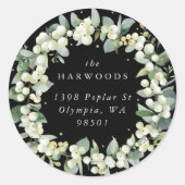 Elegant Zwart Snowberry+Eucalyptus Kransadres Ronde Sticker (Voorkant)