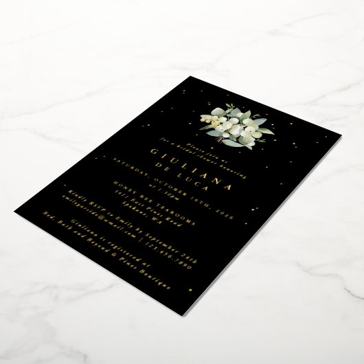 Elegant Zwart Snowberry+Eucalyptus Vrijgezellenfee Folie Uitnodiging (Gedraaid)