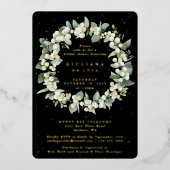 Elegant Zwart Snowberry+Eucalyptus Vrijgezellenfee Folie Uitnodiging (Voorkant)