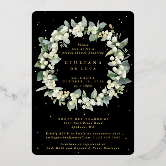 Elegant Zwart Snowberry+Eucalyptus Vrijgezellenfee Folie Uitnodiging (Voorkant)