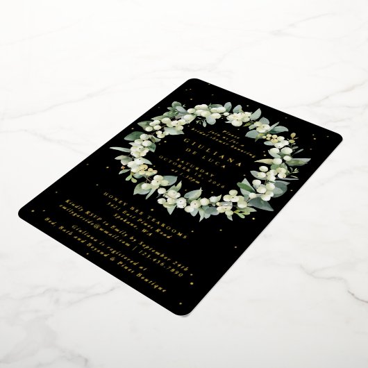 Elegant Zwart Snowberry+Eucalyptus Vrijgezellenfee Folie Uitnodiging (Gedraaid)