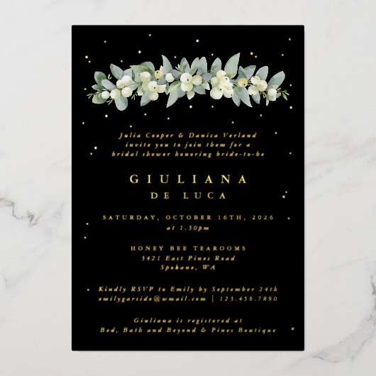 Elegant Zwart Snowberry+Eucalyptus Vrijgezellenfee Folie Uitnodiging (Voorkant)