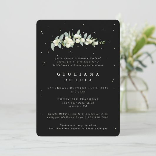 Elegant Zwart Snowberry+Eucalyptus Vrijgezellenfee Kaart (Staand voorkant)