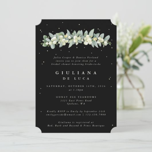 Elegant Zwart Snowberry+Eucalyptus Vrijgezellenfee Kaart (Staand voorkant)