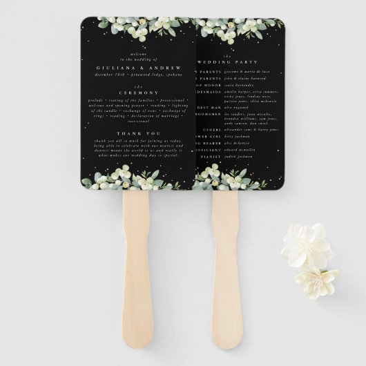Elegant Zwart Snowberry+Eucalyptus Winter Bruiloft Handwaaier (Voorkant en achterkant)