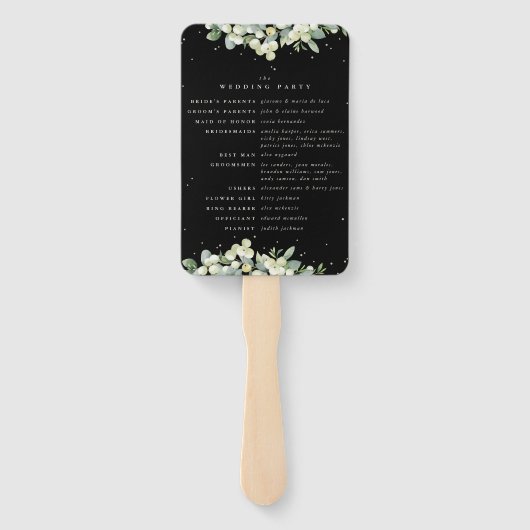 Elegant Zwart Snowberry+Eucalyptus Winter Bruiloft Handwaaier (Achterkant)