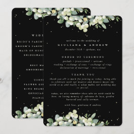 Elegant Zwart Snowberry+Eucalyptus Winter Bruiloft Programmakaart