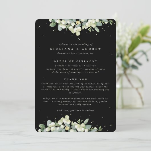 Elegant Zwart Snowberry+Eucalyptus Winter Bruiloft Programmakaart (Staand voorkant)