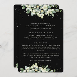 Elegant Zwart Snowberry+Eucalyptus Winter Bruiloft Programmakaart