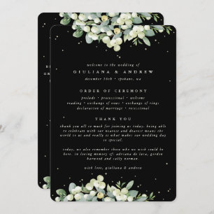 Elegant Zwart Snowberry+Eucalyptus Winter Bruiloft Programmakaart