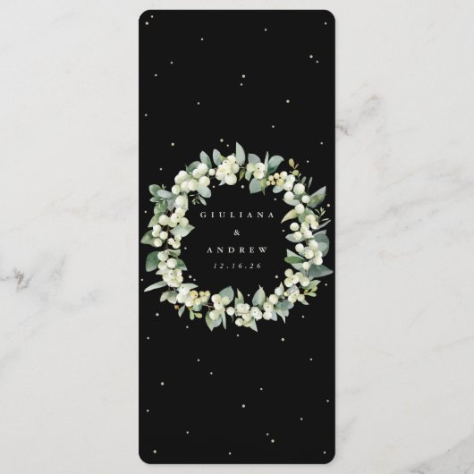 Elegant Zwart Snowberry+Eucalyptus Winter Bruiloft Programmakaart (Achterkant)