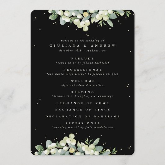 Elegant Zwart Snowberry+Eucalyptus Winter Bruiloft Programmakaart (Voorkant)