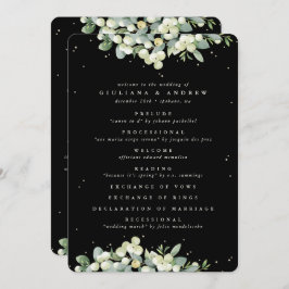 Elegant Zwart Snowberry+Eucalyptus Winter Bruiloft Programmakaart