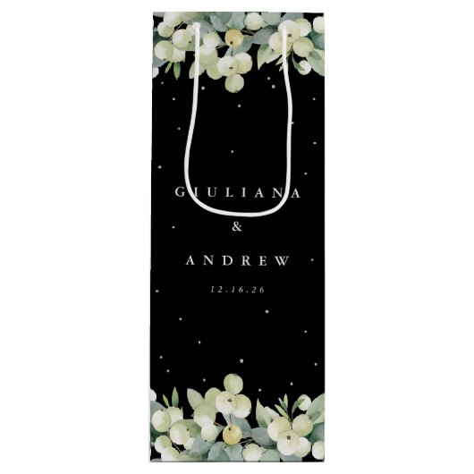 Elegant Zwart Snowberry+Eucalyptus Winter Bruiloft Wijn Cadeautas (Voorkant)