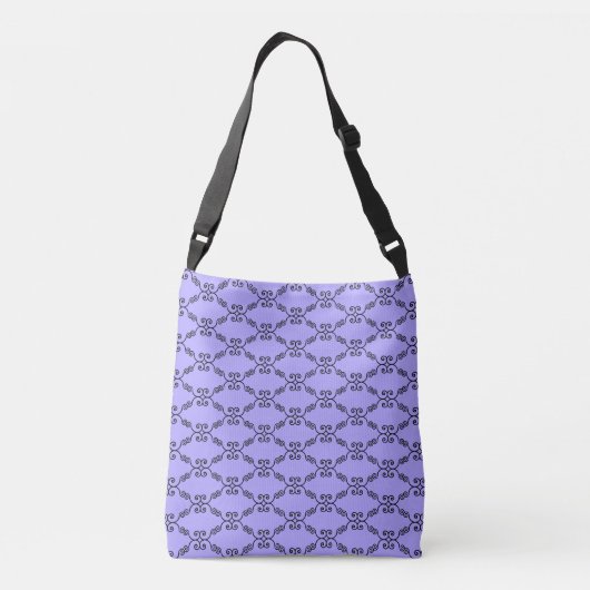 Elegant zwart-spiraalvectorpatroon op periwinkle crossbody tas (Achterkant)