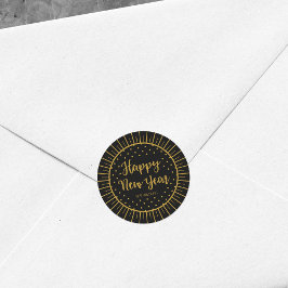 Elegant Zwart Starburst Script Gelukkig Nieuwjaar Ronde Sticker
