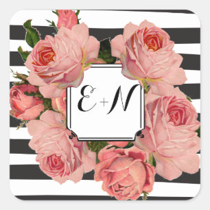 Elegant Zwart Streep Roze Heirloom Rozen Bruiloft Vierkante Sticker