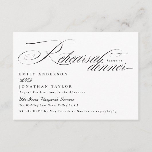 Elegant zwart Stropdas kalligrafie repetitie diner Informatiekaartje (Voorkant)