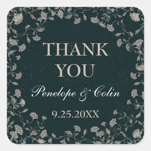 Elegant Zwart Tan Bloemen Bruiloft Dank u Vierkante Sticker (Voorkant)
