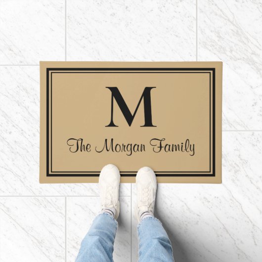 Elegant zwart tan dubbele randen monogram deurmat (Binnen)