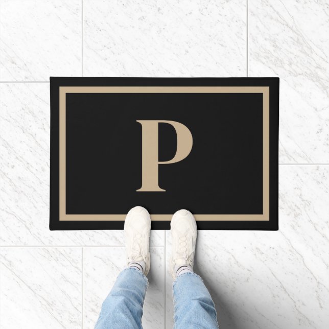 Elegant zwart tan monogram Initiaal ontwerp Deurmat (Binnen)