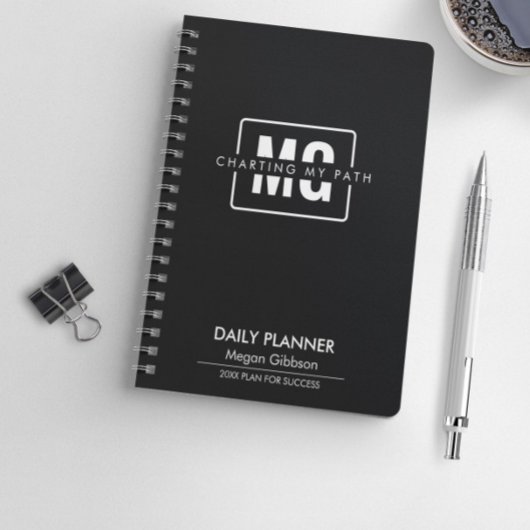 Elegant Zwart Thema Modern Monogram Naam Initialen Planner