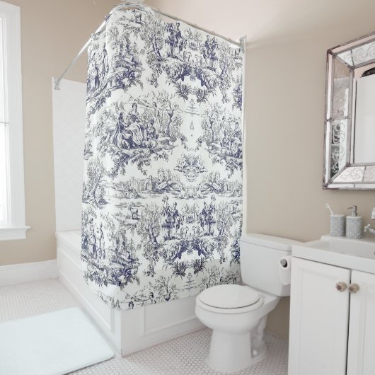 Elegant  zwart toile de jouy monogram douchegordijn (In situ)