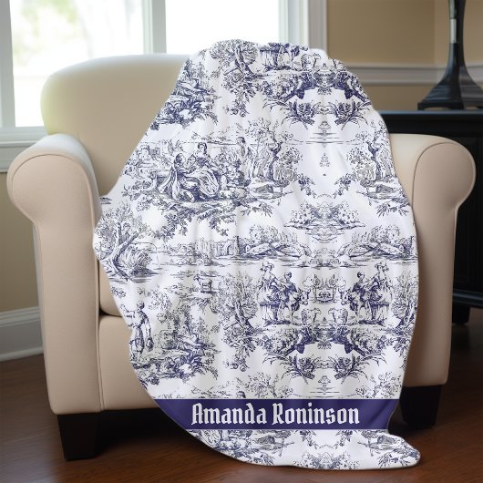 Elegant  zwart toile de jouy monogram fleece deken