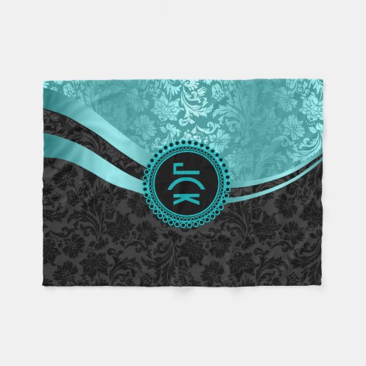 Elegant zwart & turquoise bloemdamast monogram fleece deken (Voorkant (Horizontaal))