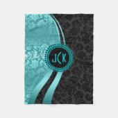 Elegant zwart & turquoise bloemdamast monogram fleece deken (Voorkant)