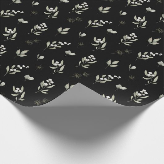 Elegant Zwart Winter Groen Botanische Kerstmis Cadeaupapier (Hoek)