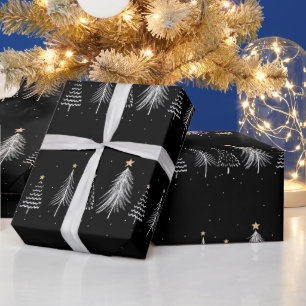 Elegant Zwart Winter Kerstmis dennen patroon Cadeaupapier