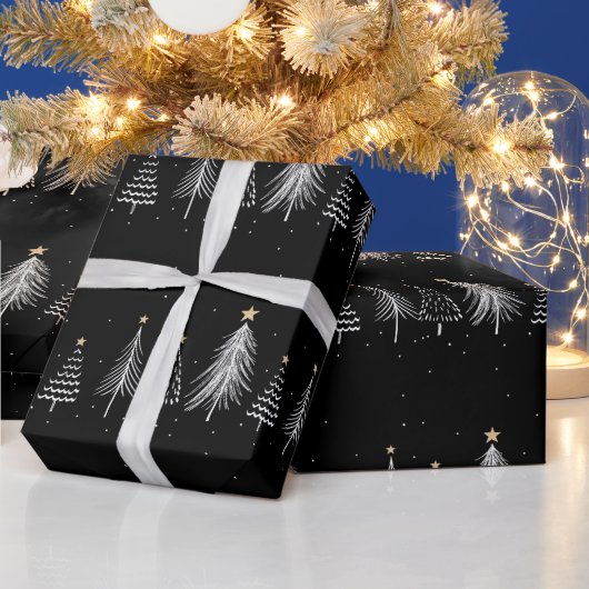 Elegant Zwart Winter Kerstmis dennen patroon Cadeaupapier (Feestdagen)