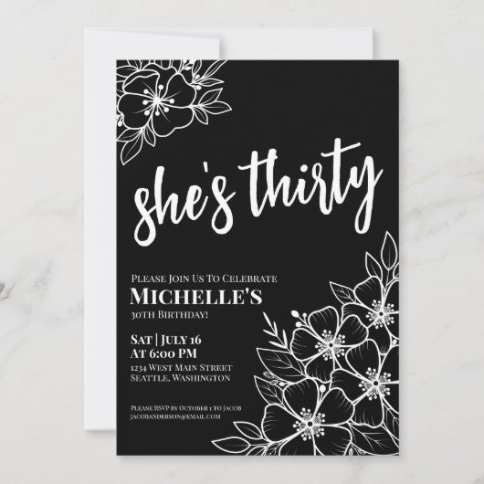 Elegant zwart wit 30ste verjaardagsfeest kaart (Voorkant)