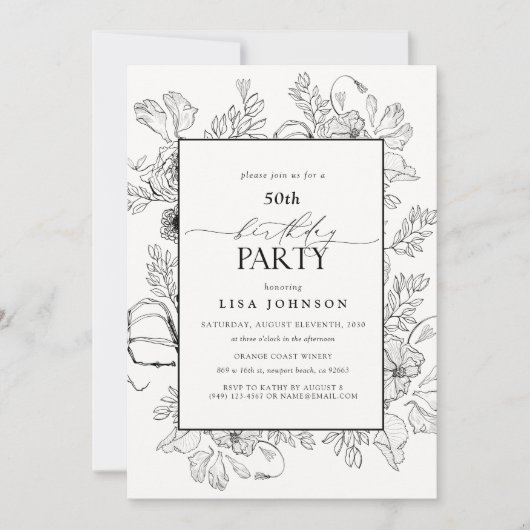 Elegant Zwart Wit 50e Verjaardag Bloemen lijn Art Kaart (Voorkant)
