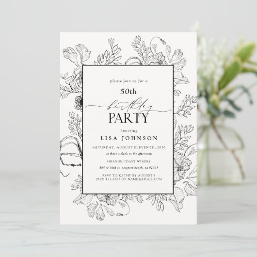Elegant Zwart Wit 50e Verjaardag Bloemen lijn Art Kaart (Staand voorkant)