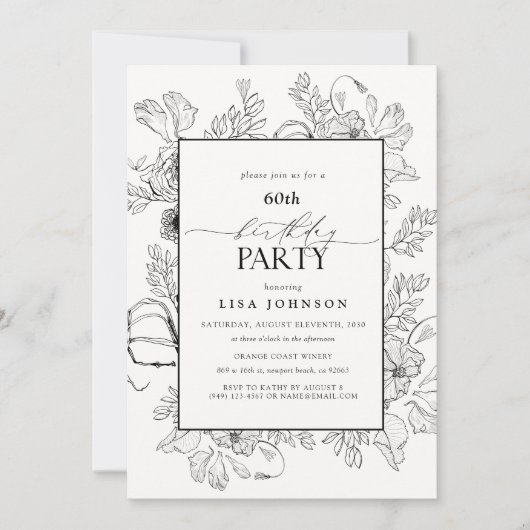 Elegant Zwart Wit 60e Verjaardag Bloemen lijn Art Kaart (Voorkant)