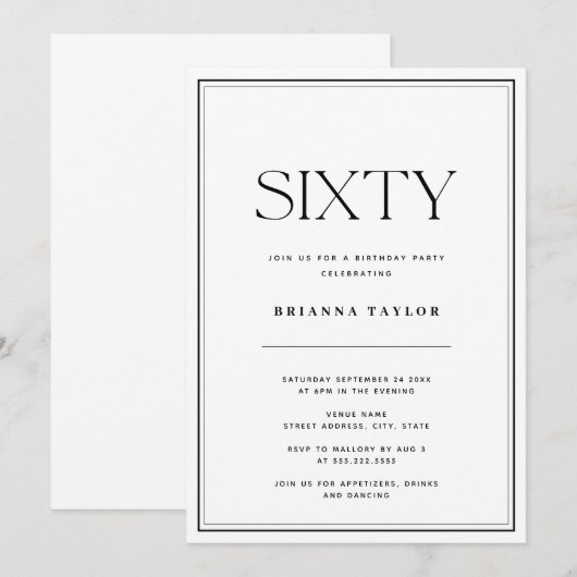 Elegant Zwart & Wit 60ste verjaardag Kaart (Voorkant / Achterkant)