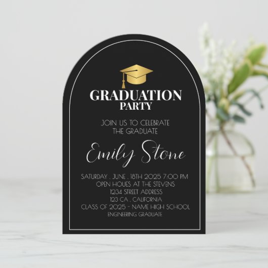 Elegant zwart-wit afstuderen uitnodiging (Staand voorkant)