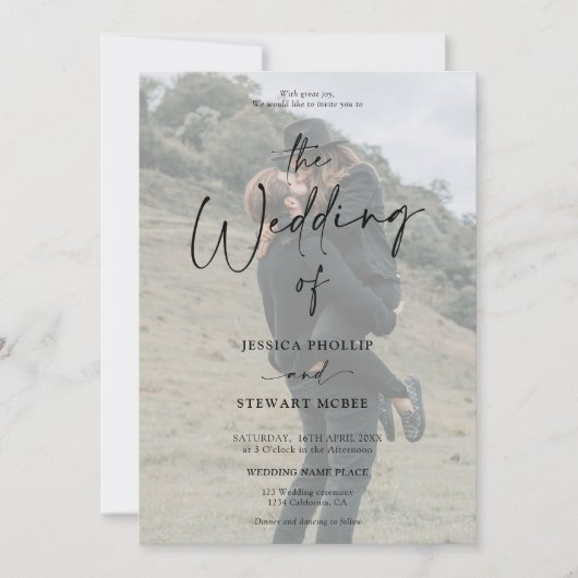 Elegant zwart wit alles in 1 script foto bruiloft kaart (Voorkant)