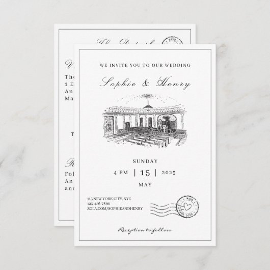 Elegant zwart-wit alles in één bruiloft kaart (Voorkant / Achterkant)